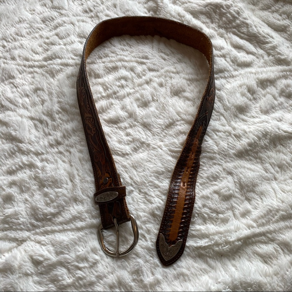 Brown Belt silver buckle detailed western Rodeo Fair West Horse Sz xsmall Boho